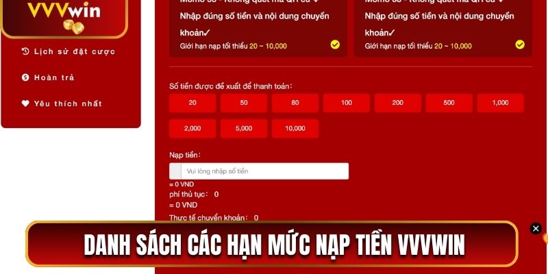 Danh sách các hạn mức nạp tiền VVVwin